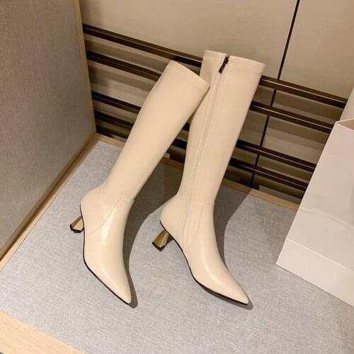 MEZEREON Fashion Boots Leather And Stretch Fabric Thigh High Boots Pointed Toe Ladies Winter Shoes With Metal Heel New Arrival