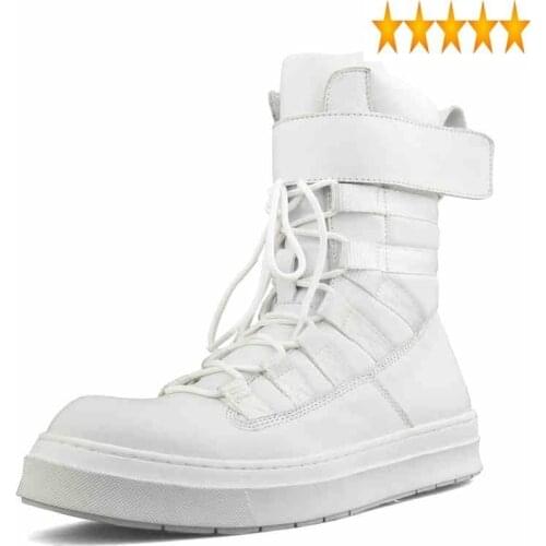 Men High Street High-Top Lace-Up Genuine Leather Platform Sneakers Luxury Black Hip Hop Shoes Autumn Army Ankle Boots