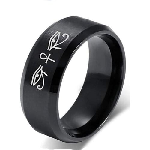 8mm Mens Boys Egyptian Eye of Horus Ra Titanium steel Ring Ancient Egyptian Ankh Cross Ring Titanium Amulet Black Rings For Wome