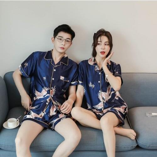 Summer New M-5XL Short Sleeve Shorts Sleepwear Couple 2PCS Pajamas Set Ice Silk Big Size Home Wear Spring Autumn Print Nightwear
