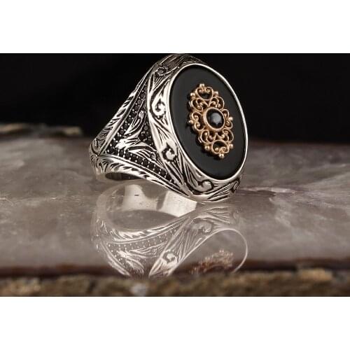 Onyx Stone Pen İşçilikli 925 Sterling Silver Men 'S Ring