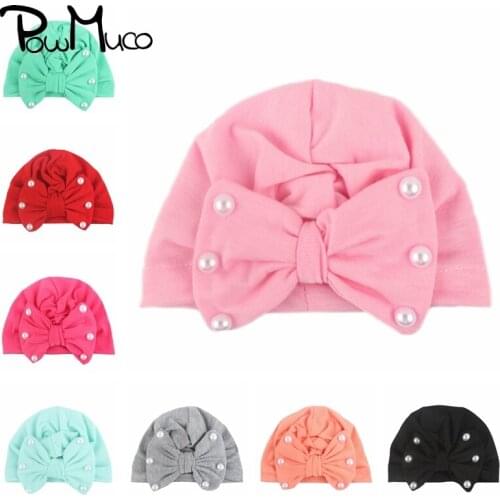 Powmuco 14 CM Handmade Pearls Bows Infant Caps Solid Color Bowknot Baby Girls Hats Warm Newborn Headwear Cute Kids Accessories