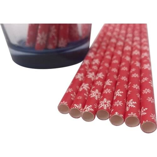 Christmas Disposable 50pcs Straws Red Background snowflake Pattern Style for New Year Noel Party Home Bar Decoration