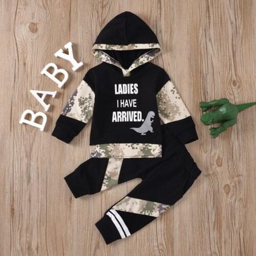 2 Pcs Infant Boy Camouflage Outfits, Toddler Dinosaur & Letter Print Long Sleeve Hooded Sweatshirt + Trousers with Pocket Autumn