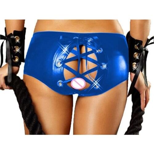 18 Colors Novelty Open Buttock Low Waist Panties Women Shiny Faux Leather Briefs Exotic Club Lingerie Back Lace Up Underpants