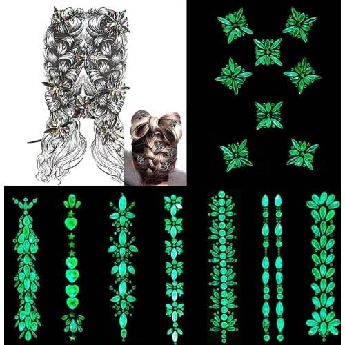 3pcs Glow in Dark Luminous Face Jewels Gems Rhinestone Festival Party Body Eyes Head Glitter Arms Jewels Beauty Makeup Tools
