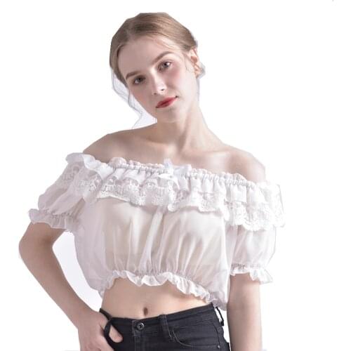 Women Crop Top Blouse Lolita Frilly Chiffon White/Black Puff Sleeve Lace Bottoming Undershirt