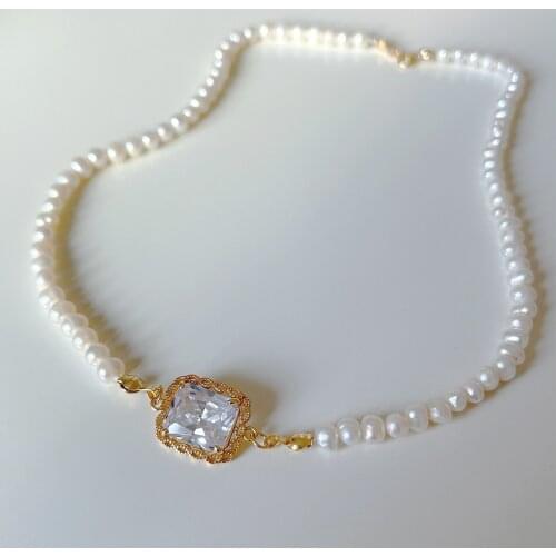 18K Gold Authentic 925 Sterling silver Baroque Pearl Necklace Choker Square Zircon &Lace Pattern Pendant fine Jewelry TLX2236