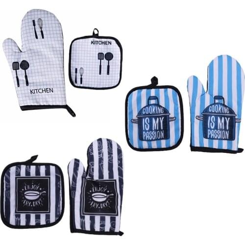 2pcs/set Microwave Baking BBQ Glove Cotton Oven Mitts Heat Resistant Linen Pad