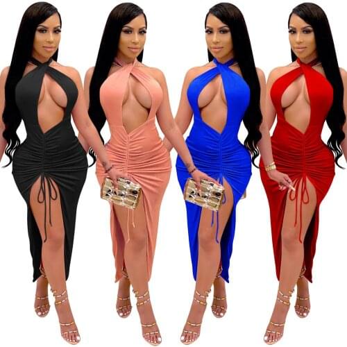 2020 New Women Pink Black Blue Red Sleeveless Off The Shoulder Mid Calf Halter Vestidos Evening Party Bandage Dress Wholesale