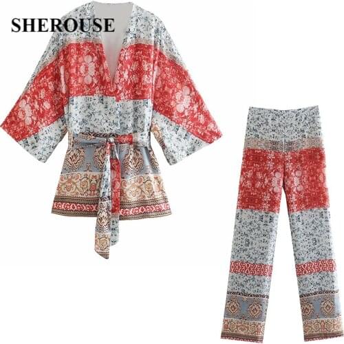 2021 Two Piece Set Women Printed Loose Kimono and Trousers Oversized Blouse Wide Trousers Woman Pajama style Pants Sets Outfits