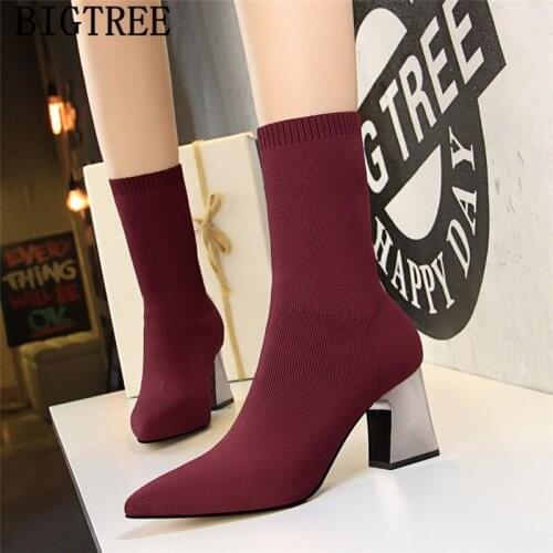 Red Boots Women Thick Heel Knitting Shoes Woman Bigtree Shoes High Heel Boots Women Ankle Boots Pointed Toe High Heels