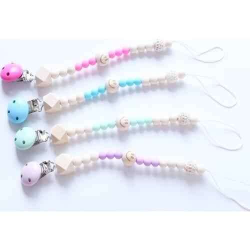 Pacifier Clip Chain Baby Infant Soothie Accessories Happy Face Wooden Beads Paci Holder Clips Teether Chew Shower Toy 617-3A
