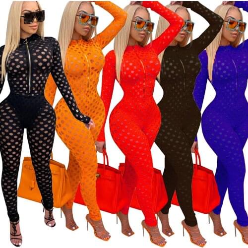 Cutubly Women Sexy Solid Hollow Out Jumpsuits For Women Long Sleeve Front Zipper Skinny Romper Slim Night Club Fashion Jumper
