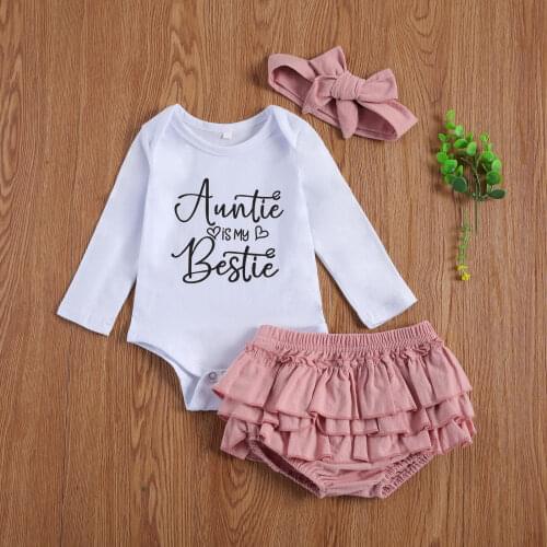 Sweet 0-18M Infant Baby Girl Clothing AUNTIE IS MY BESTIE Letter Print Long Sleeve Romper+Ruffle Tutu Shorts+Headband