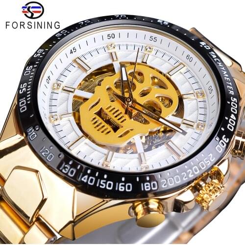 Forsining Golden Skull Mechanical Watch Men Fashion Automatic Ghost Skeleton Analog Stainless Steel Belt Male Wristwatch Relogio
