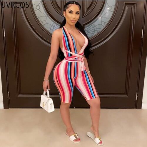 UVRCOS Club Outfits For Women Multi Striped Chest Hollow Out Sashes Sexy Short Jumpsuit Summer Sleeveless Back Lace Up Rompers