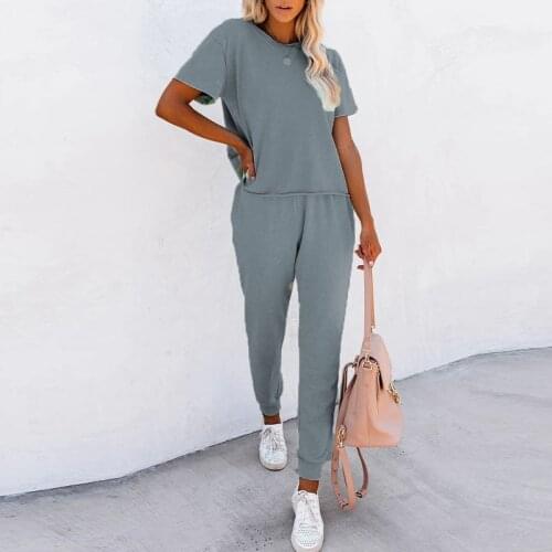 Women Casual Solid Suits Fashion Short Sleeve Pullover Top And Long Pants Jogging Two Piece Set Female Streetwear Tracksuits