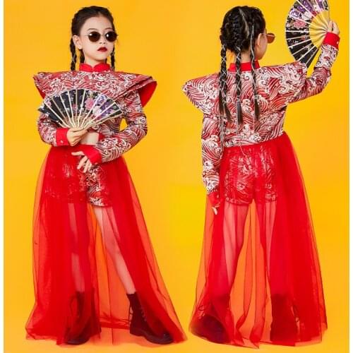 Chinese Style Jazz Dance Costume Red National Tide Catwalk Clothes Hip Hop Kids Performance Stage Clothing Girls Wear DNV15149