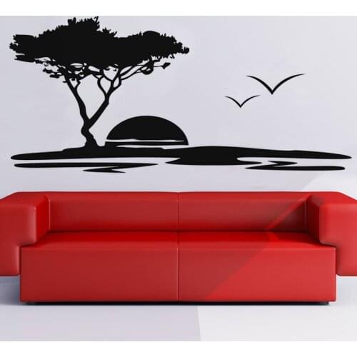Hot Sale Removable Vinyl Big Tree And Seagulls Nature Wall Stickers Seaside Sunset Scenery Living Room Wall Mural