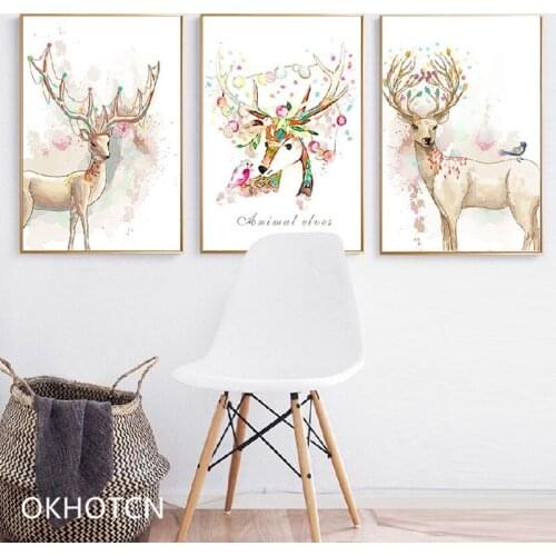 Cute Cartoon Animal Sika Deer Home Decoration Painting Space Wall Art For Living Room Nordic Minimalist Style Poster Canvas