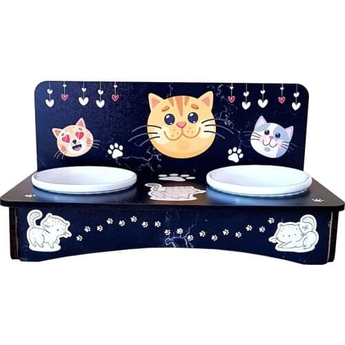 Cat Food And Water Bowl With Ceramic Bowl UV Printed Black