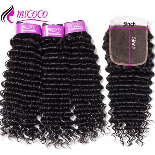 Mscoco Deep Wave Bundles With Closure 3 Bundles With 5x5 Lace Closure Remy Brazilian Human Hair Weave Bundles With Closure