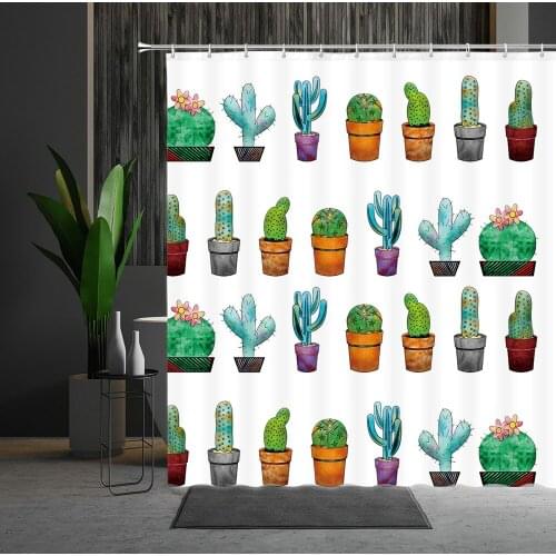 Cartoons Cactus Tropical Plants Pattern Shower Curtain Partition Curtain Decorate Bathtub Home Decor Waterproof Cloth Curtain