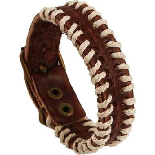 New Handmade Woven Sport Casual Retro Brown Wide Wrap Pin Buckle Charm Male Genuine Leather Punk Bracelets Men Bangle Jewelry