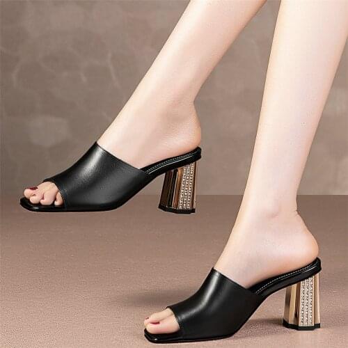 Summer Mules Women Genuine Leather Chunky High Heels Outdoor Slippers Female Peep Toe Gladiator Sandals Wedding Party Pumps Shoe