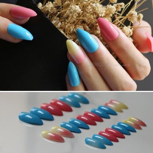 24PCS Boxed pink blue Gradient Golden flash Stiletto false nails red natural color fake nails pess on nails point yellow