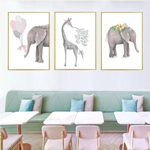 Woodland Nursery Wall Prints - Baby Bedroom Decor Elephant Balloon Deer Animal Whimsical Decor Posters Pink Neutral Ar