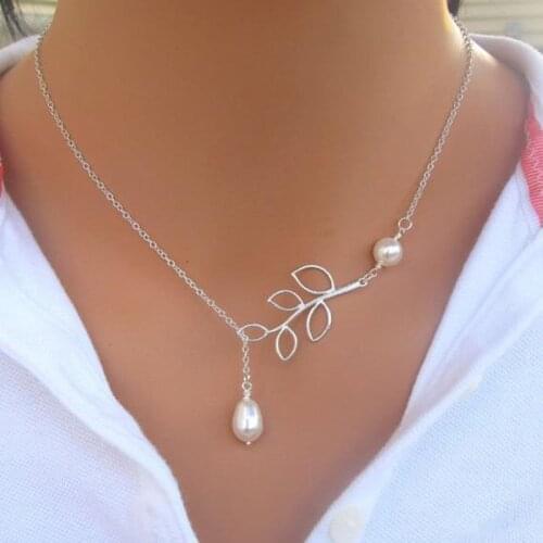 Trendy New Tree Branch Hollow Leaves Necklace Fashion Jewelry Bright Silver Color Teardrop Pearl Pendant Necklace Gifts