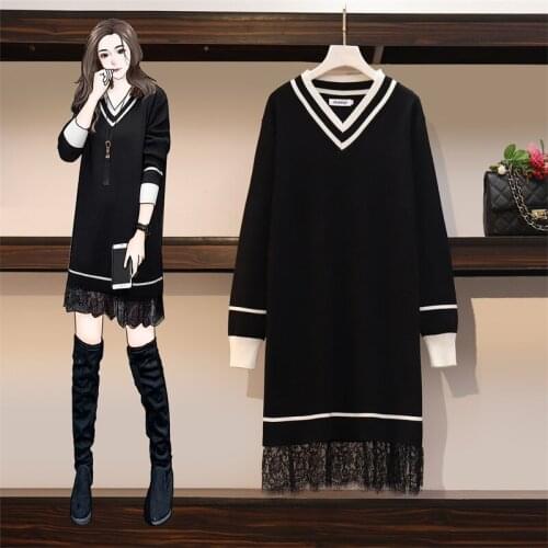 Splicing Lace Plus Size Women Sweater Dresses Autumn 2020 Fashion V Neck White Stripes Long Sleeve Knitted Straight Midi Dress