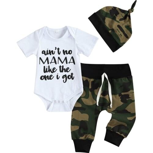 3 Pcs Newborn Boy Casual Outfits, Toddler Letter Print Short Sleeve Round Neck Romper + Camouflage Pants with Drawstring + Cap