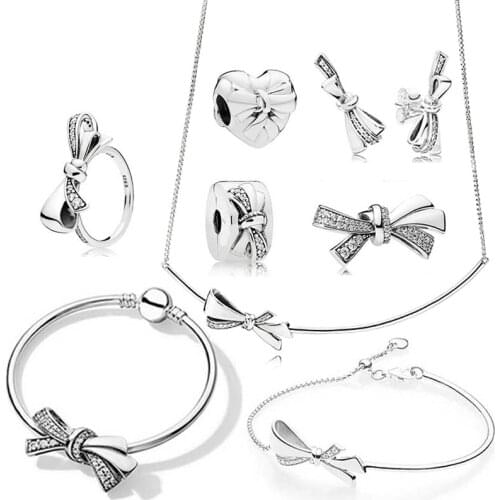 NEW 100% 925 Sterling Silver 1:1 Genuine Gorgeous Bow Charm Labradorite Beads Bracelet Earring Ring Security Clip Necklace