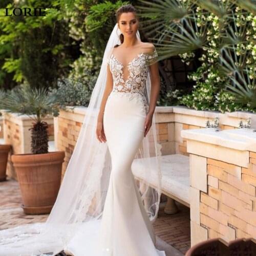 LOEIE Mermaid Wedding Dress 2021 Satin Cap Sleeve Vestido De Noiva Lace Bohemian Bride Dresses With Romantic Buttons