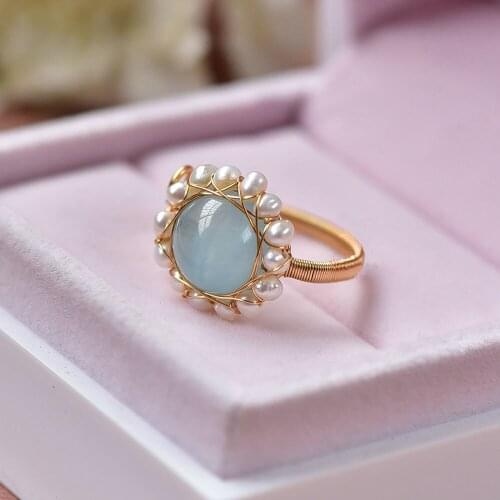 Light Luxury Natural Large Aquamarine Freshwater Pearl Lace 14K Gold Filled Hand-wound Palace Vintage Ring
