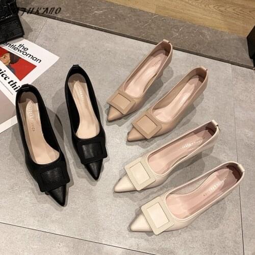 Women High Heels Square Buckle Decoration Shoes Pointed Toe Shallow Mature Female Pumps Breathable Handmade Office Ladies Shoes