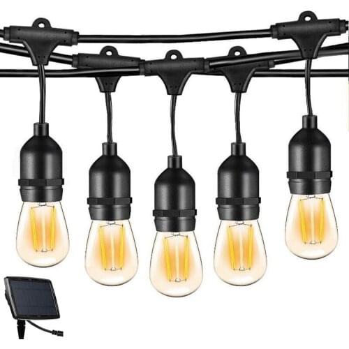 S14 Solar String Lights Outdoor 48Ft Patio Light with 15 LED Bulbs Solar & USB Charging with 4 Lighting Modes For Backyard Fence