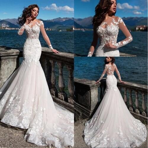 Fascinating Bateau Neckline See-through Bodice Mermaid Wedding Dress 2021 Lace Appliques Beadings Beach Long Sleeve Bride Dress