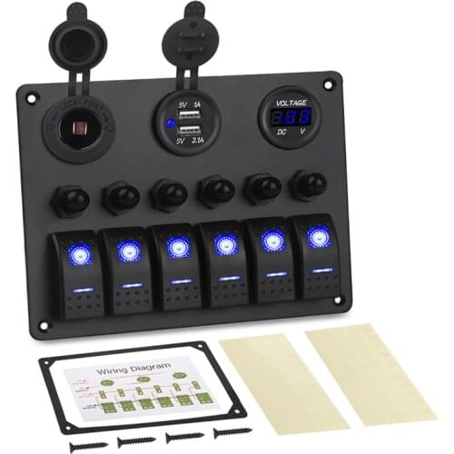 Waterproof 6 Gang Circuit LED Car Marine Boat Rocker Switch Panel Breakers 5V 3.1A Dual USB Power Charger Socket 12V Voltmeter