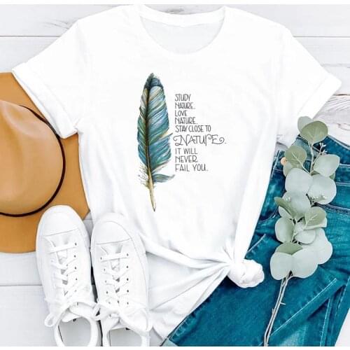 2021 Summer Feather Letter Printing Cartoon Beach Short Sleeve Women Fashion Clothes Print Tshirt Female Tee Top Graphic T-shirt