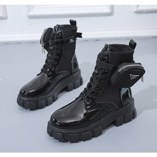 Black Punk Ankle Platform Motorcycle Martin Boots Women Lace Up Chunky Heel Belt Buckle Pocket Designer White Shoes Women