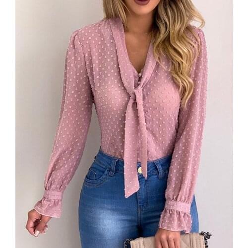 Womens Tops and Blouses Fashion Button Tie Polka Dot Shirt Sexy See Through Top Women Sexy Long Sleeve Shirt Transparent Top
