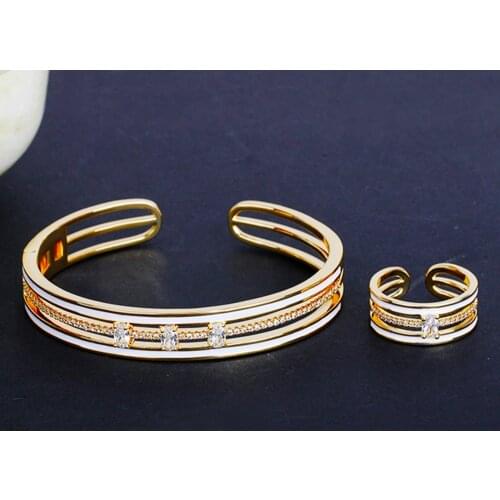 TIRIM 2021 NEW Trendy Crystal Bangle Ring for Women Abalone Shell Zirconia Wedding Engage Bracelet Set Dubai Jewelry