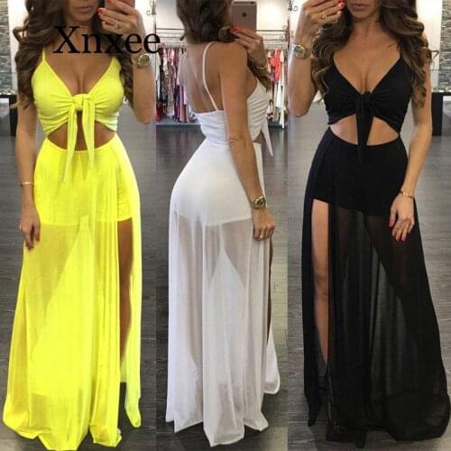 Women Boho Hollow Dress Knot Bow Backless Spaghetti Strap Dresses High Split Long Chiffon Beach Dress Sundress bikini sexy bow