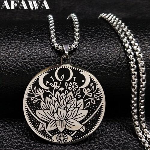 2021 Wicca Lotus Stainless Steel Chain Necklace Women Black Silver Color Necklaces Jewelry joyeria de acero inoxidable N734S01