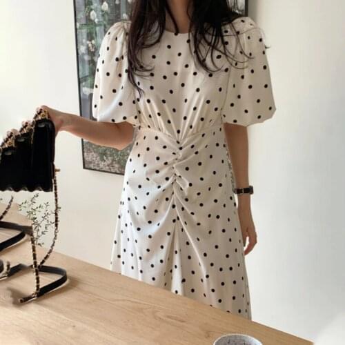 2021 Black White Dots Maxi Dress Women Korean Irregular Puff Sleeve O Neck Folds Long Dresses Vintage Female Summer Clothes Robe