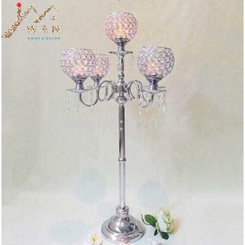 1lot/10pcs new arrival 90cm height 5-arms metal candelabras with crystal pendants, shiny silver finish wedding candle holder